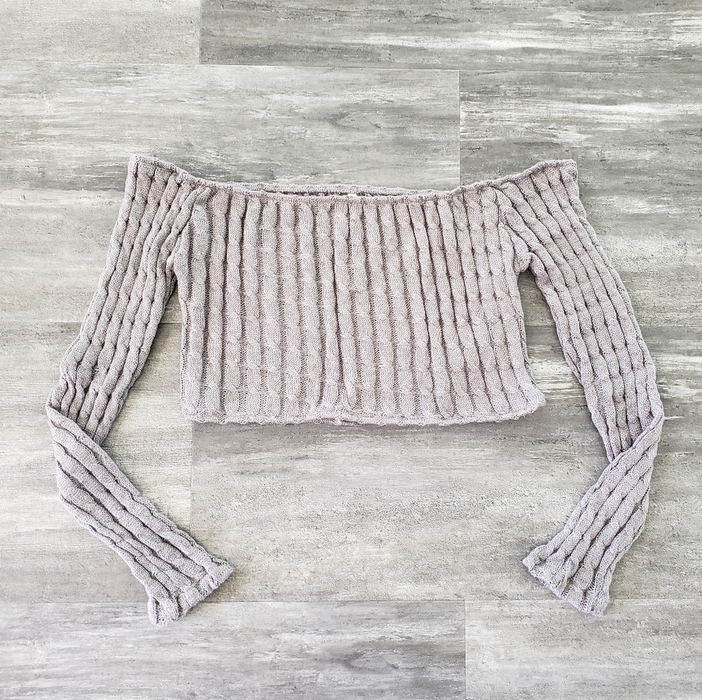 Grey Cropped ROMA Off Shoulder Sweater Long Sleeve